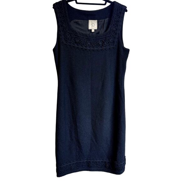 St. John Couture Santana Knit Sz 12 Black Square Neck Shift Knee Dress Formal - Picture 1 of 7